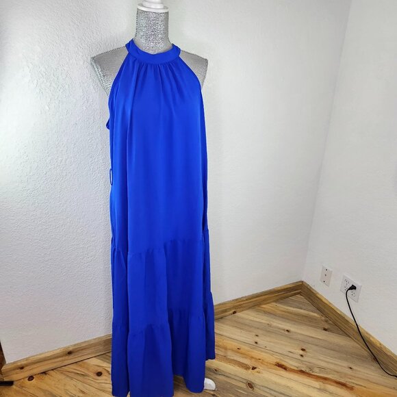 PRETTY GARDEN BLUE Maxi Halter Neck Ruffle Hem Dress Size XL - Picture 5 of 12